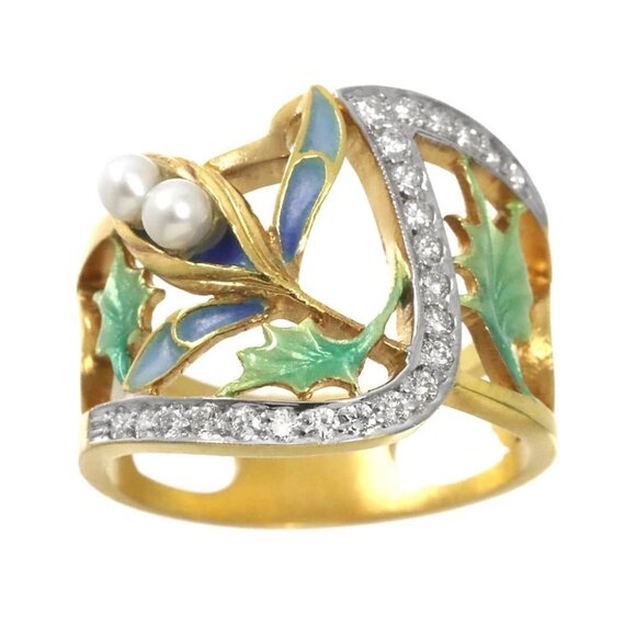 MASRIERA Diamond Enamel Pearl Ring 18K YG 750 Size6.75(US) 90275582 - Picture 2 of 9